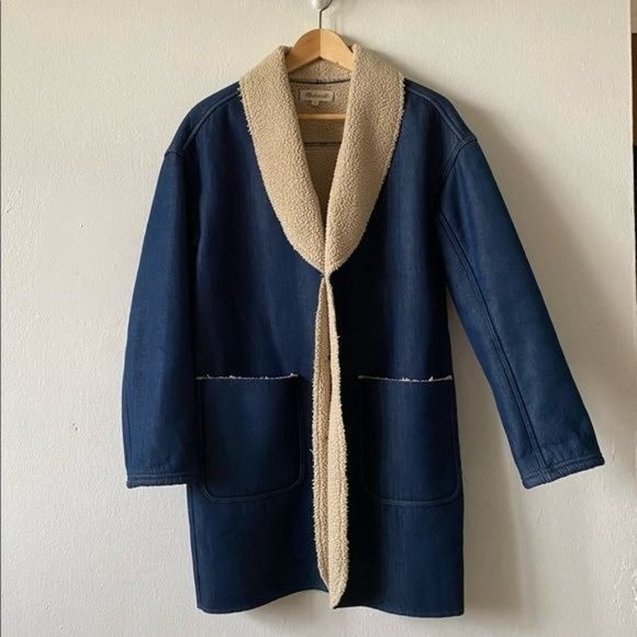 MADEWELL Size Small Sherpa-Bonded Denim Cocoon Coat Mid-Length Front Pockets - Picture 7 of 10